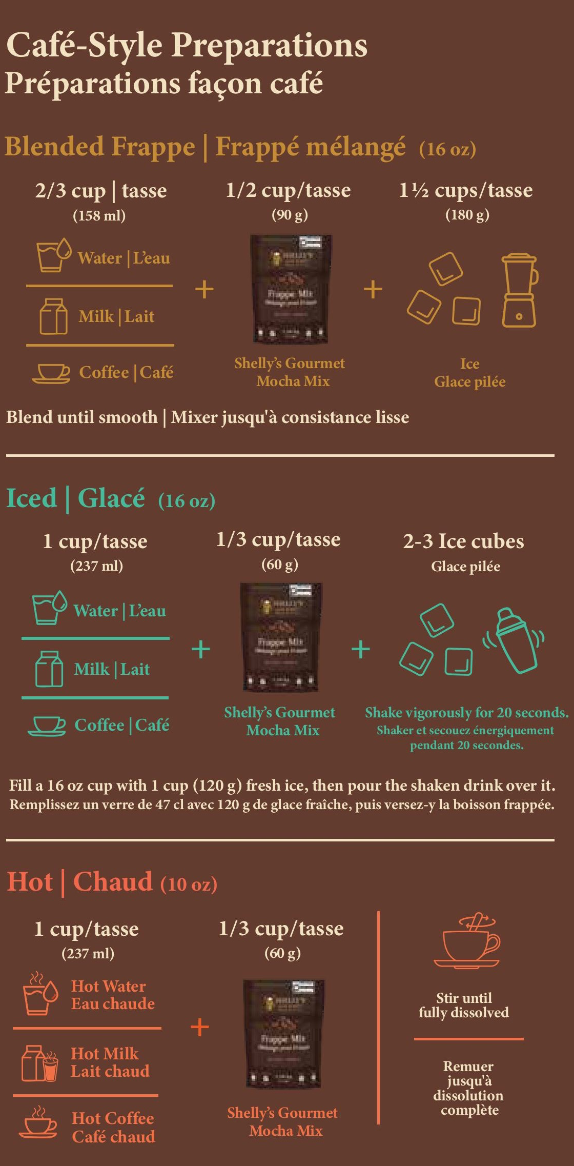 Instructions for preparing blended frappe, iced, and hot with Shelly's Gourmet Mocha Mix