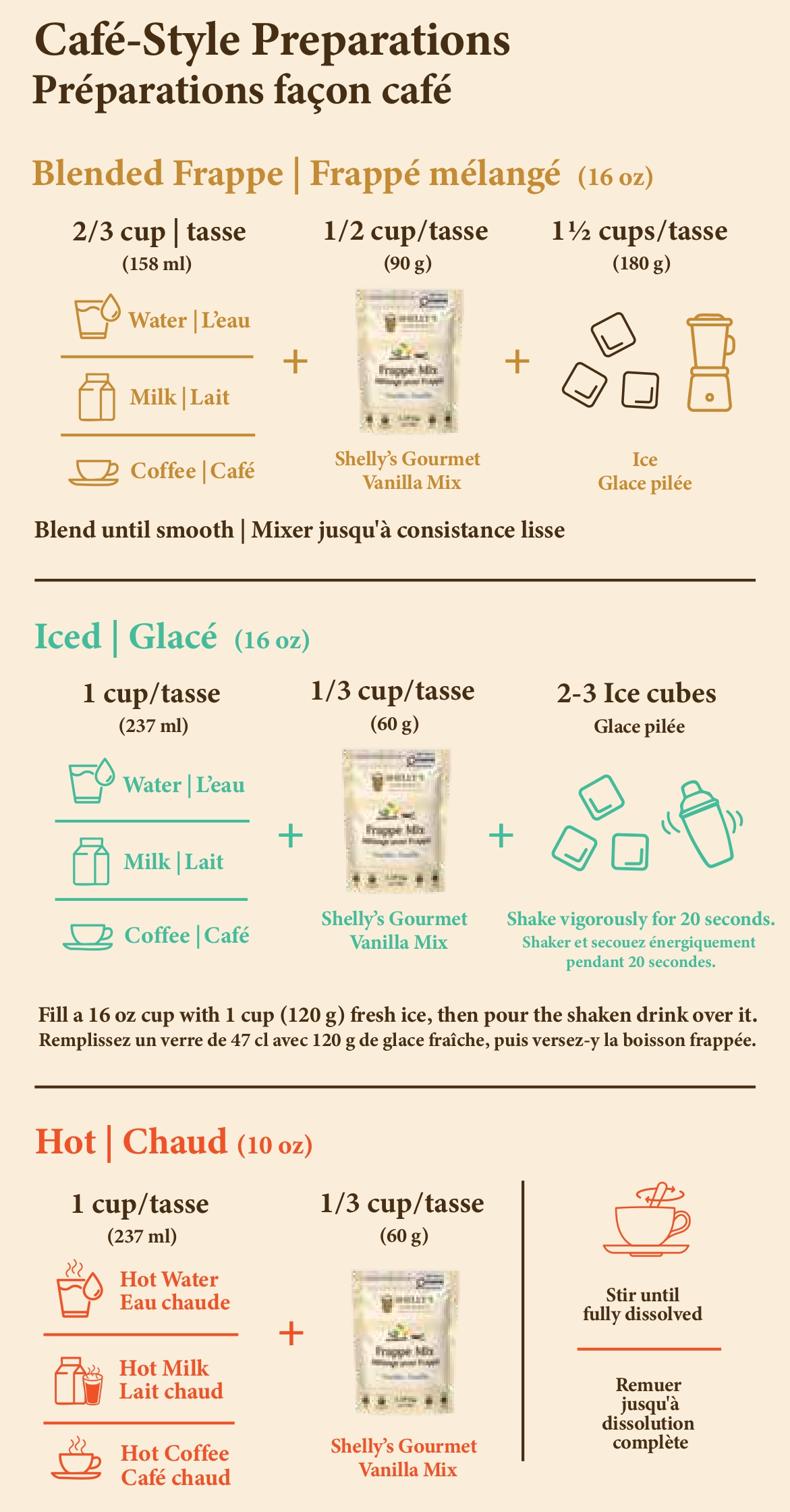 Instructions for making a blended frappe, iced, and hot using Shelly's Gourmet Vanilla Mix.